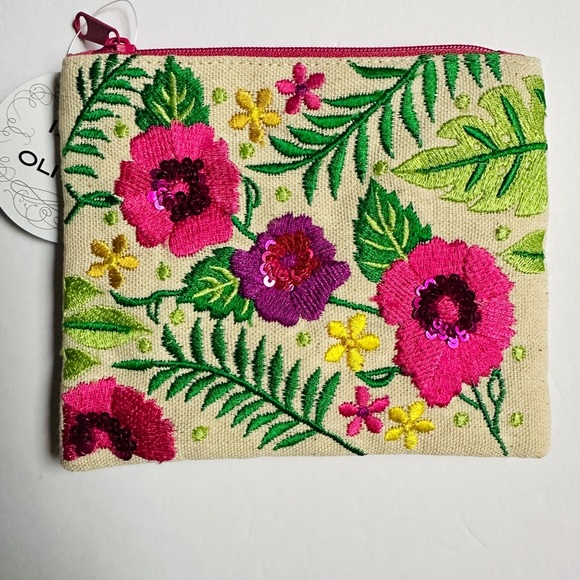 Izzy and Oliver Floral Embroidered Clutch - Pink and Green - Picture 1 of 4